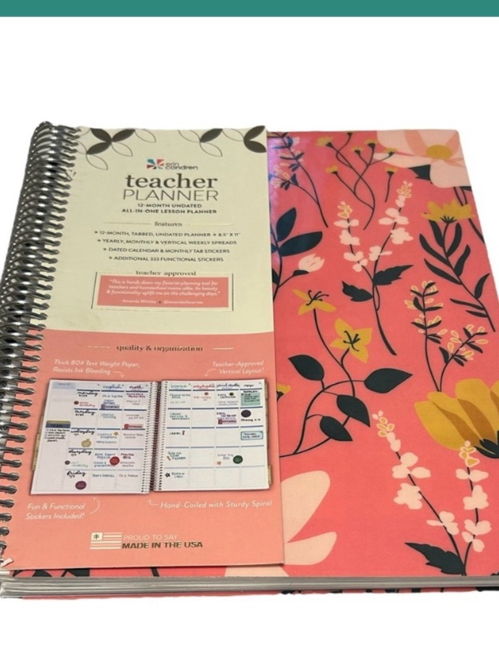 Erin Condren Pink Floral Teacher Planner with Yellow Accents